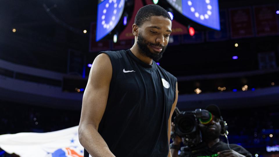 Brooklyn Nets forward Mikal Bridges walks off the court after losing to the Philadelphia 76ers at the Wells Fargo Center