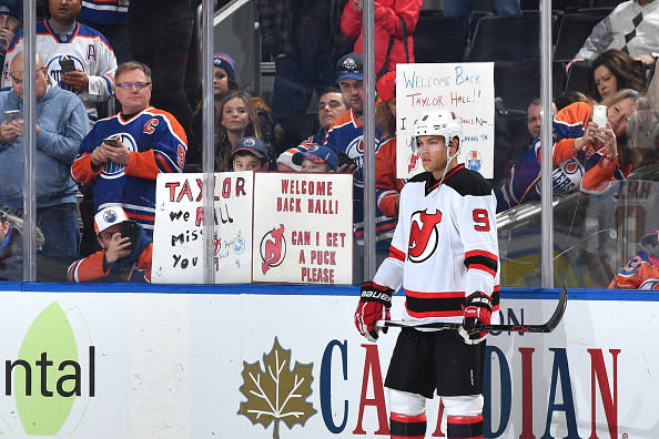 EDMONTON, AB - JANUARY 12: Taylor Hall #9 of the New Jersey Devils warms up prior to the game against the Edmonton Oilers on January 12, 2017 at Rogers Place in Edmonton, Alberta, Canada. (Photo by Andy Devlin/NHLI via Getty Images)