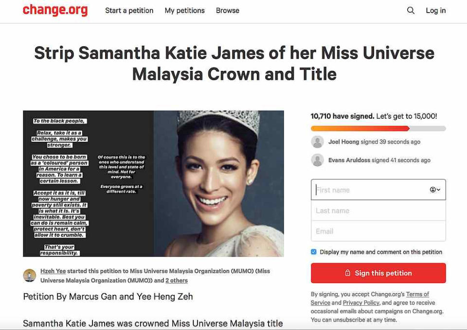 More than 10,000 people have signed a petition demanding James to be stripped of her Miss Universe Malaysia title. — Screengrab from Change.org