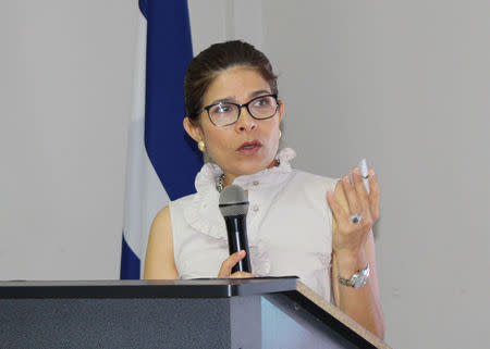 FILE PHOTO: Hilda Hernandez, sister of Honduran President Juan Orlando Hernandez (not pictured), addresses the audience at an event in Tegucigalpa, Honduras October 3, 2016. Presidency Honduras/Handout via REUTERS/File Photo