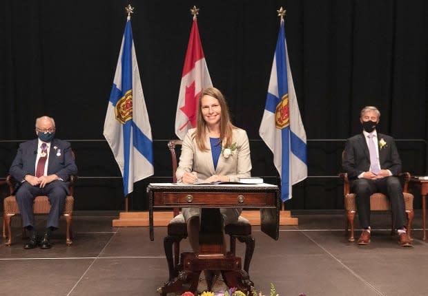 Education Minister Becky Druhan is shown at the cabinet swearing in on Aug. 31, 2021. Druhan says visiting classrooms and sitting in on teacher staff meetings will help her understand what the day-to-day issues are in the education system. (Communications Nova Scotia - image credit)
