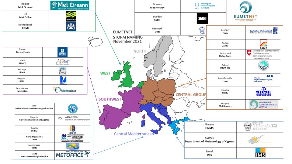 Carte de l’Europe avec les principaux regroupements de pays qui s’accordent pour établir le prénom d’une tempête.