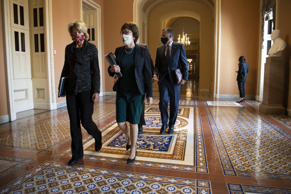 UNITED STATES - DECEMBER 3: Sen. Lisa Murkowski, R-Alaska, left, Sen. Susan Collins, R-Maine, Sen. Bill Cassidy, R-La., and Sen. Mitt Romney, R-Utah, depart from a meeting with Senate Majority Leader Mitch McConnell, R-Ky., in his office in Washington on Thursday, Dec. 3, 2020. (Photo by Caroline Brehman/CQ-Roll Call, Inc via Getty Images)