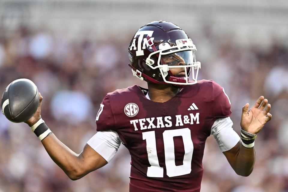 Texas A&M Aggies quarterback Marcel Reed looks to pass the ball during the first quarter Sept. 21, 2024 at Kyle Field in College Station.