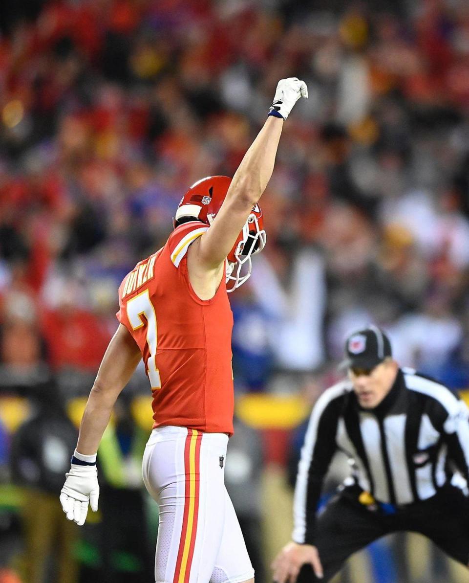 Kansas City Chiefs kicker Harrison Butker celebrates after kicking a 49-yard field goal to tie the game with the Buffalo Bills to send it into overtime Sunday, January 23, 2022, at Arrowhead Stadium.