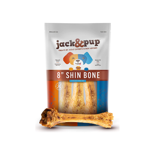 bag of Jack & Pup 8" Shin bones with one bone outside of package