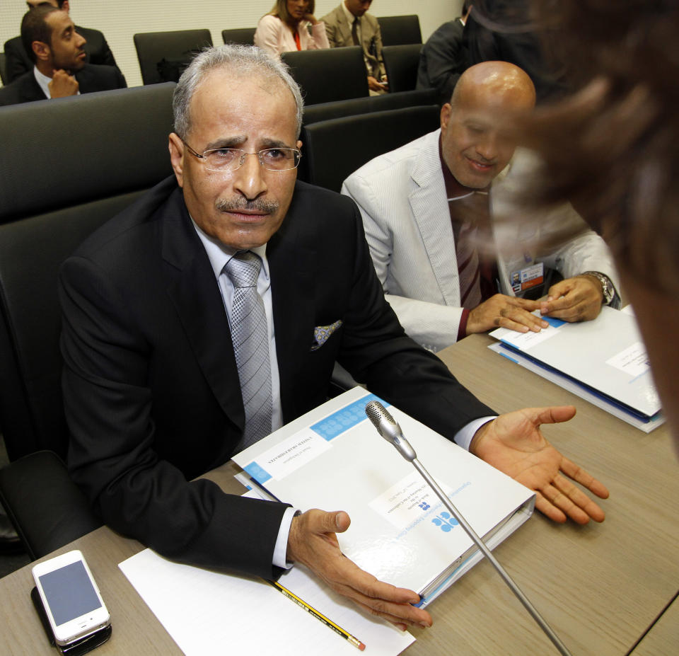 United Arab Emirates' Minister of Energy Mohamed bin Dhaen Al Hamli speaks to journalists prior to the start of the meeting of the Organization of the Petroleum Exporting Countries, OPEC, at their headquarters in Vienna, Austria, on Thursday, June 14, 2012. The meeting of the 12 oil ministers of the OPEC focuses on price and production targets. (AP Photo/Ronald Zak)