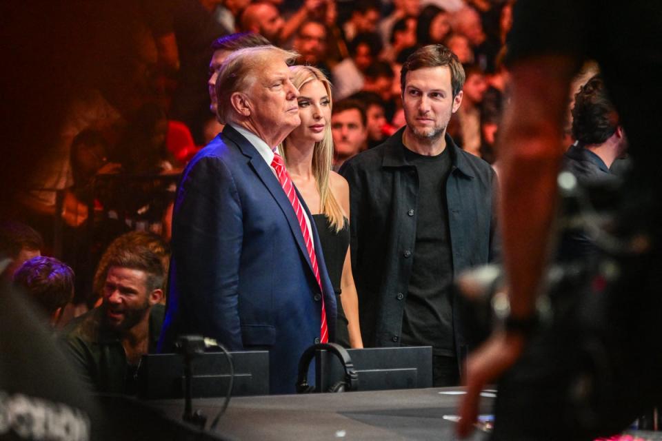 Donald Trump (L), his daughter Ivanka Trump (C) and her husband Jared Kushner attend the Ultimate Fighting Championship (UFC) 299 mixed martial arts event at the Kaseya Center in Miami, Florida on March 9, 2024 (AFP via Getty Images)