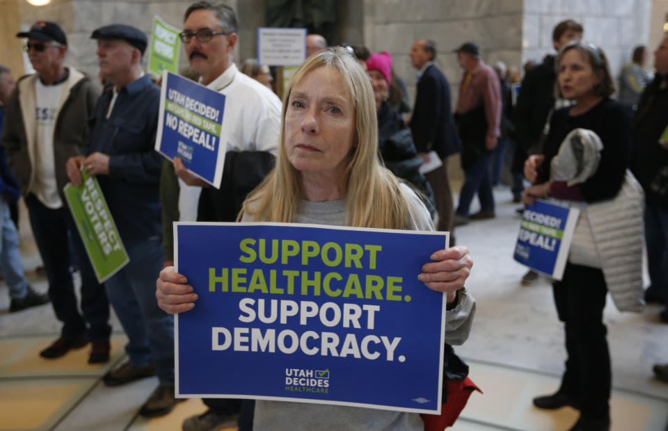 Bonnie Bowman, a supporter of a voter-approved measure to fully expand Medicaid, at a protest at the Utah Capitol in Salt Lake City on Jan. 28. (Photo: AP Photo/Rick Bowmer)