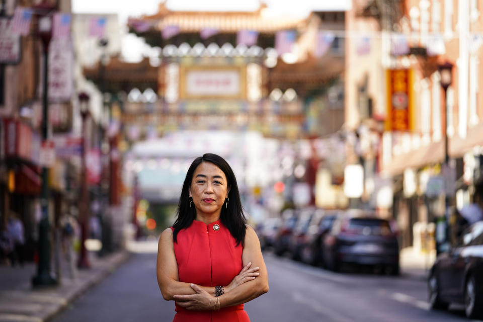 Philadelphia Councilmember Helen Gym poses for a photograph in the Chinatown neighborhood of Philadelphia, Friday, July 22, 2022. (AP Photo/Matt Rourke)