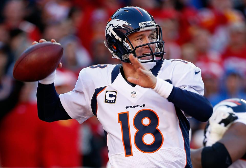 QB Peyton Manning, Denver Broncos – Who is also locked in a splendid battle with running back Adrian Peterson for comeback player of the year after missing all of the 2011 season. Manning has bounced back to post a rating of 104.8, which would be the second best of his career. (Photo by Jamie Squire/Getty Images)