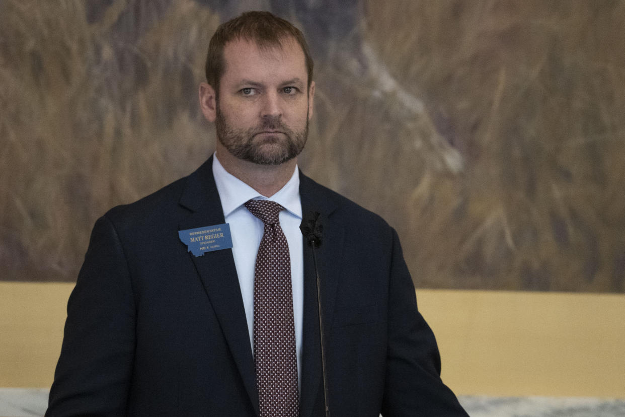 Speaker of the House Matt Regier looks on during a session for the Montana House of Representatives at the Montana State Capitol in Helena, Mont., on April 26, 2023. (AP Photo/Tommy Martino)