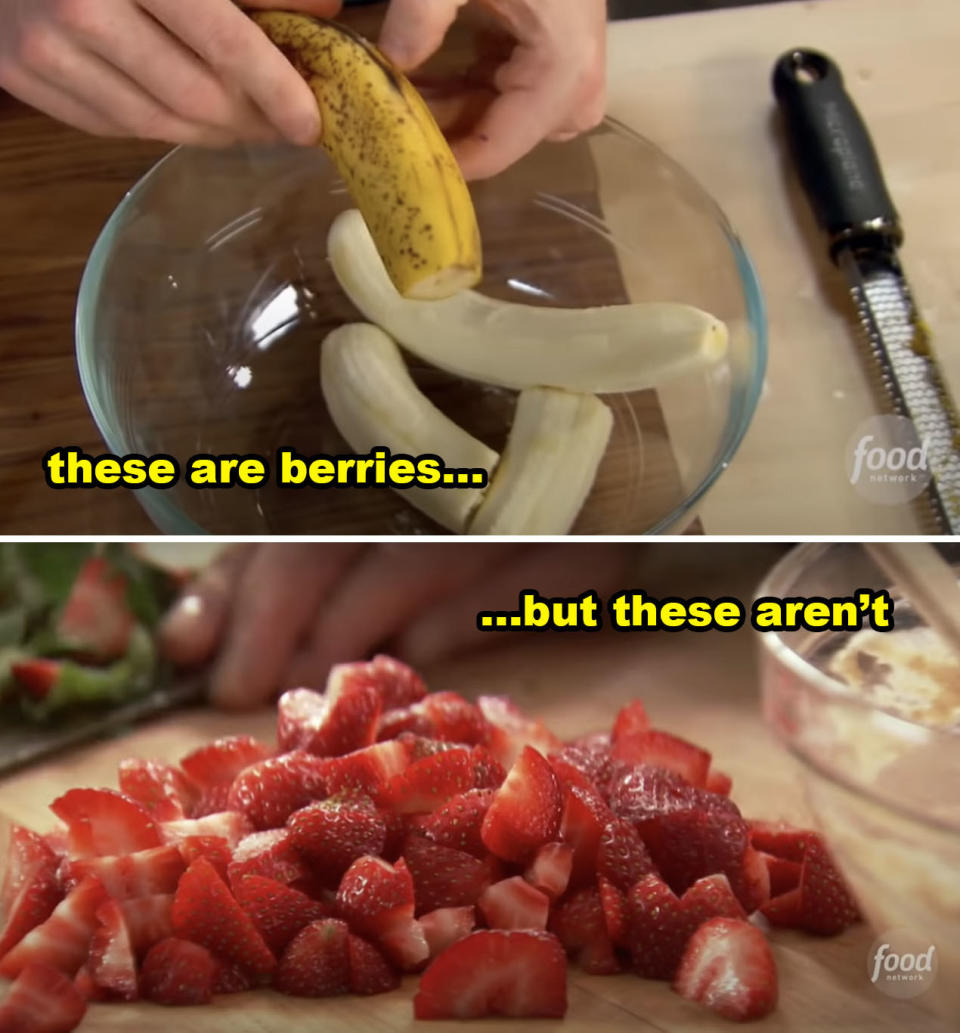 A close-up of bananas and cut-up strawberries