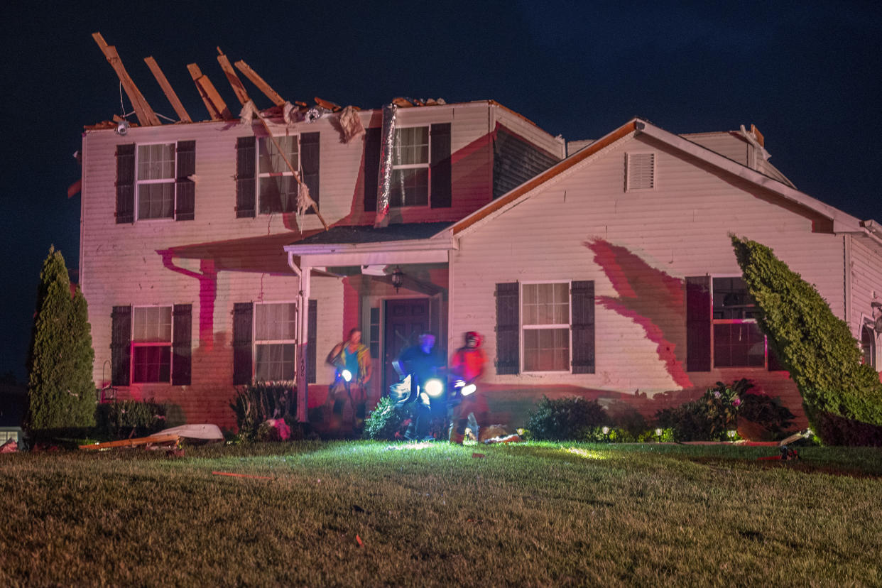 A home with broken rafters in Harrison Township, N.J., was damaged by a possible tornado on Wednesday.