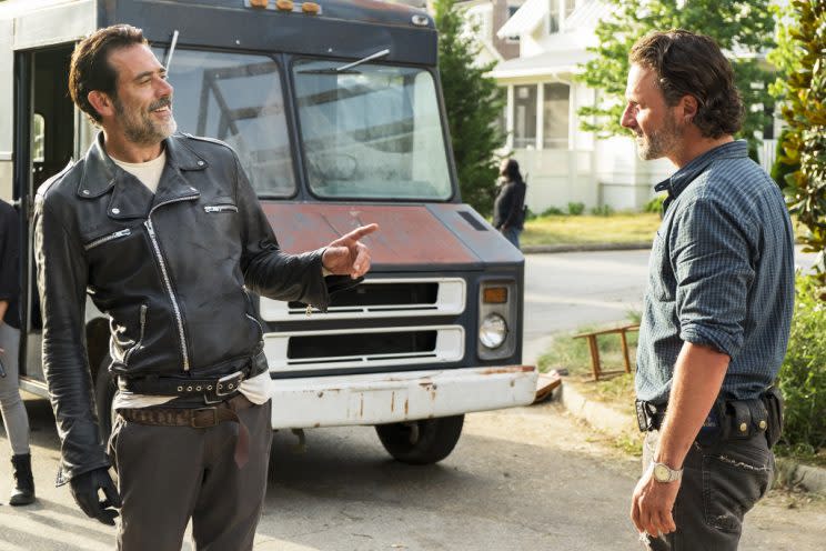 Andrew Lincoln as Rick Grimes and Jeffrey Dean Morgan as Negan (Credit: Gene Page/AMC)