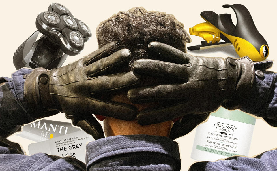 Image of the back of the SPY's head, surrounded by collages products for scalp and head care.