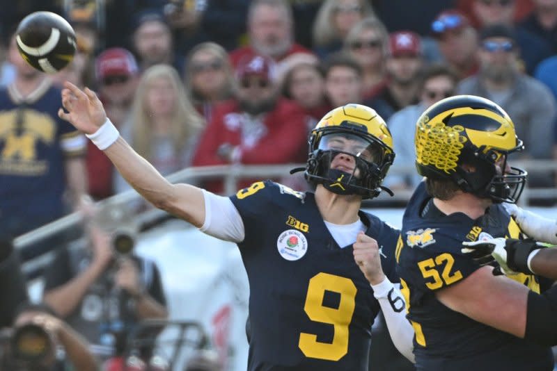 Michigan Wolverines quarterback J.J. McCarthy throws against the Alabama Crimson Tide in the second quarter of the 2024 Rose Bowl Game on Monday at the Rose Bowl in Pasadena, Calif. Photo by Jon SooHoo/UPI