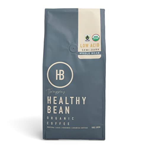 Healthy Bean Coffee - Low Acid Coffee, Superfood Infused Whole Beans, USDA Organic, Mycotoxin Free, Semi-Dark Roast, 10 oz