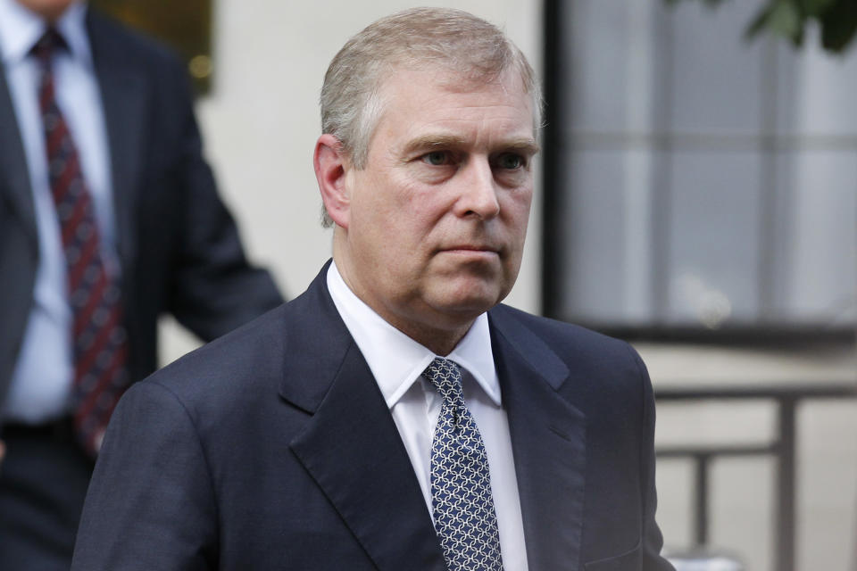 Prince Andrew pictured as accuser makes claims about his profuse sweating and hideous dancing.