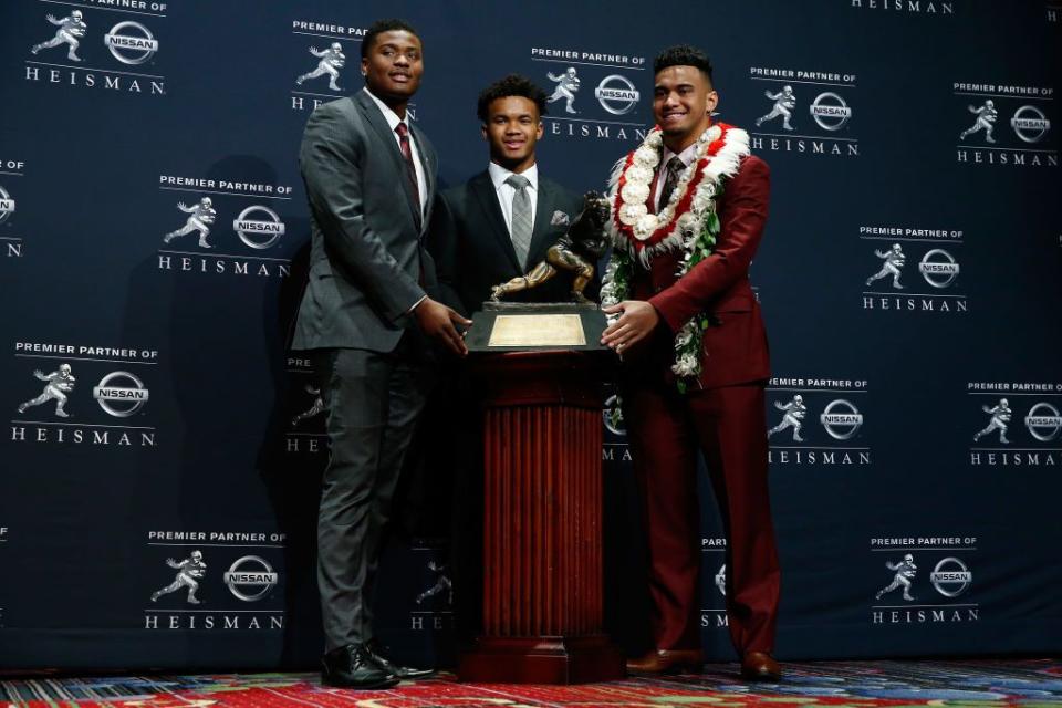 NEW YORK, NY - DECEMBER 08:  Dwayne Haskins of Ohio State, Kyler Murray of Oklahoma, and Tua Tagovailoa of Alabama pose for a photo at the press conference for the 2018 Heisman Trophy Presentationon December 8, 2018 in New York City.  (Photo by Mike Stobe/Getty Images)