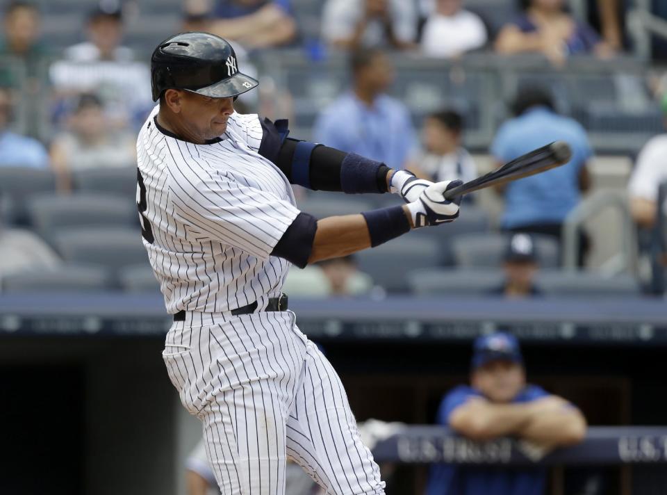 FILE - In a Aug. 20, 2013 file photo, New York Yankees' Alex Rodriguez singles during the sixth inning of the baseball game against the Toronto Blue Jays at Yankee Stadium in New York. Zack Greinke and the Los Angeles Dodgers have knocked Rodriguez and the New York Yankees off baseball's payroll perch. The Dodgers as of Tuesday, March 25, 2014 had a projected payroll of $235 million, according to study of all major league contracts by The Associated Press.(AP Photo/Seth Wenig, File)