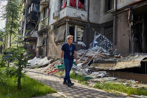 UNHCR Goodwill Ambassador Ben Stiller visits Lypki, Irpin, in Ukraine on Monday, June 20, 2022, for World Refugee Day.