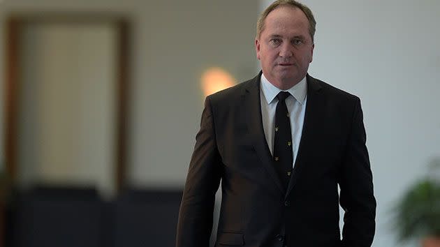 Australian Deputy Prime Minister Barnaby Joyce arrives for a press conference at Parliament House and commented on the conclusion of the court proceedings against Amber Heard. Photo: AAP