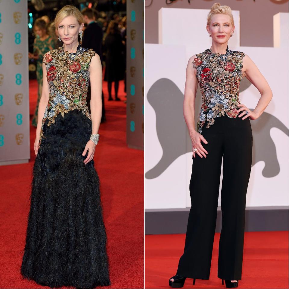 From dress to top: At the British Academy Film Awards, 2016 (left) and at the 77th Venice Film Festival, 2020