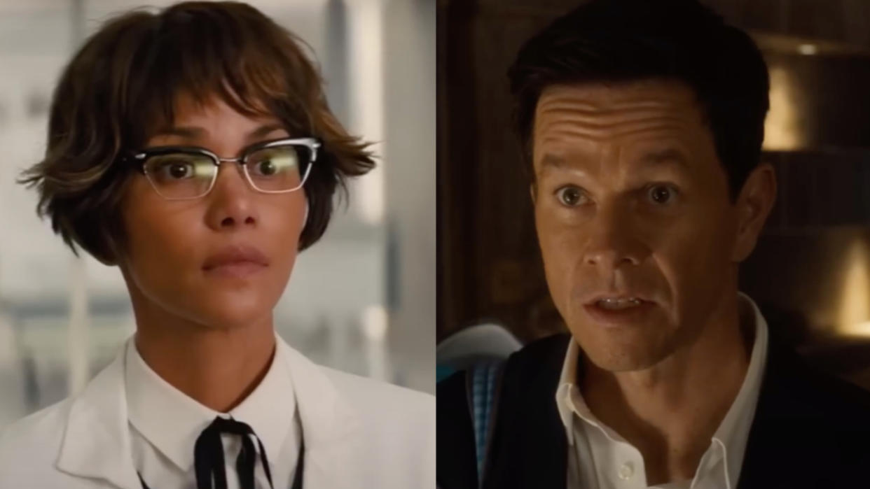  Halle Berry in Kingsman: The Golden Circle and Mark Wahlberg in The Family Plan (side by side). 