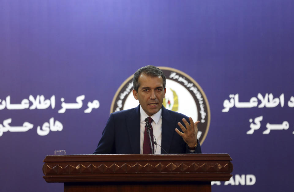 Presidential spokesman Sediq Seddiqi speaks during a press conference in Kabul, Afghanistan, Monday, Sept. 2, 2019. A U.S. envoy showed the draft of a U.S.-Taliban agreement to Afghan leaders on Monday after declaring they were “at the threshold” of a deal to end America’s longest war, officials said. Seddiqi told reporters the Afghan government likely would take a “couple of days” to study the deal to make sure it addresses the government’s main goals of a lasting cease-fire and direct talks with the Taliban in the near future. (AP Photo/Rahmat Gul)