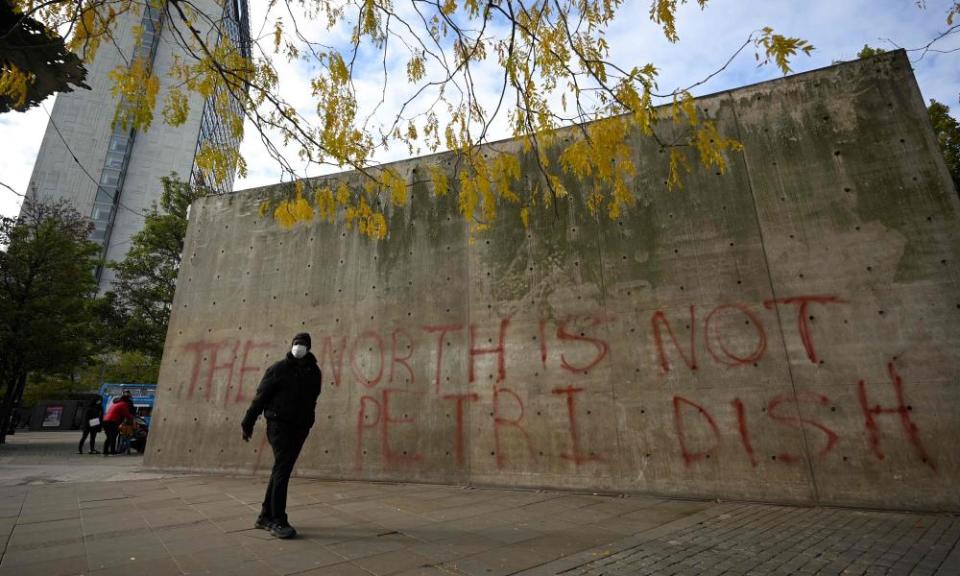 Graffiti declaring that ‘the north is not a petri dish’ in Piccadilly Gardens in Manchester.