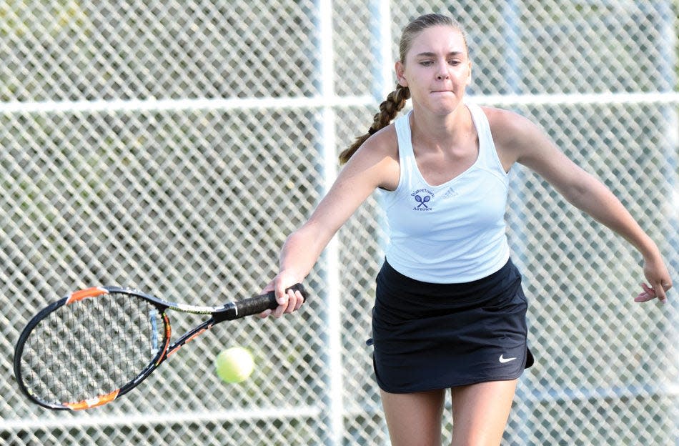 Watertown’s Raeanna Zink gets ready to hit a return shot during a 2017 high school girls tennis triangular at the Highland Park tennis courts.