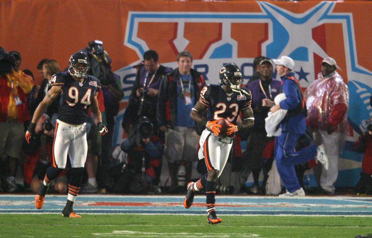 Bears kick returner Devin Hester (23) celebrates returning the opening kickoff 92 yards for a touchdown against the Colts in Super Bowl XLI, Feb. 4, 2007, in Miami.