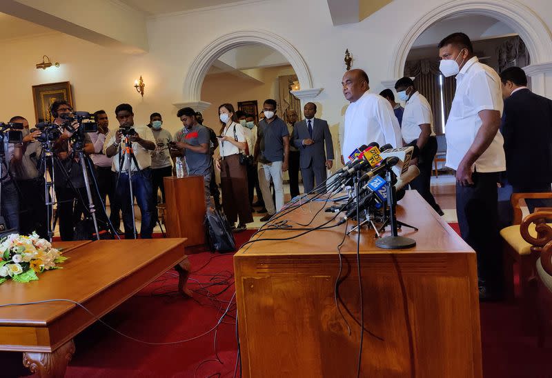 Sri Lanka's Parliament speaker Mahinda Yapa Abeywardena leaves after a news conference, amid the country's economic crisis, in Colombo