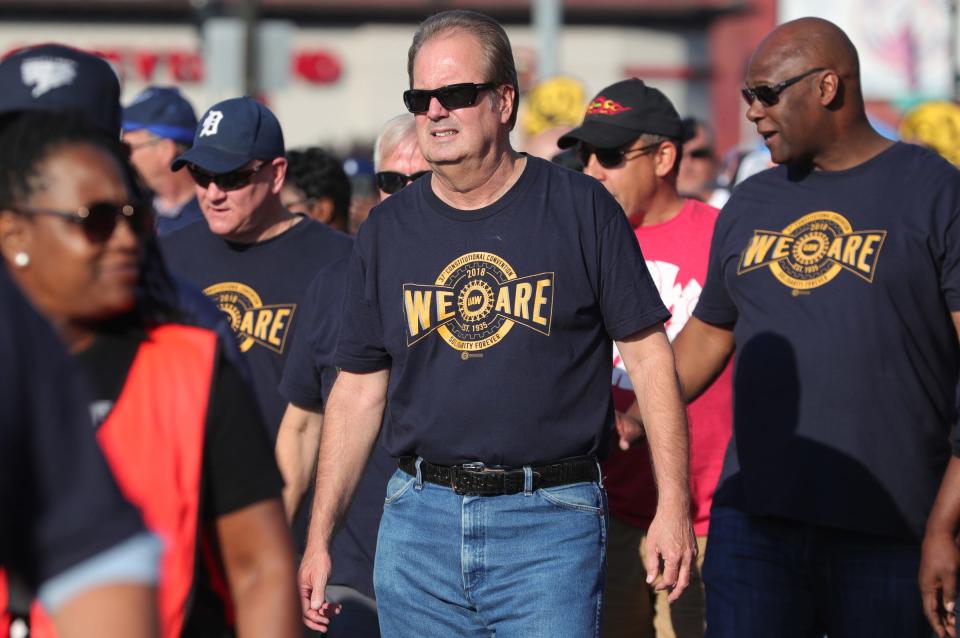 UAW President Gary Jones marches with union workers in the Labor Day parade down Michigan Avenue in Detroit.