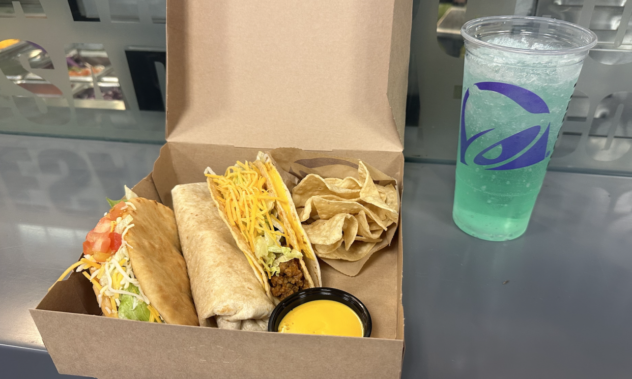 Taco Bell introduces $7 Luxe Box menu. It includes a Chalupa Supreme, Beefy 5-Layer Burrito, Double Stacked Taco, chips & Nacho Cheese sauce, and a medium drink. (Photo taken by Yahoo Finance at Taco Bell HQ in Irvine, California)