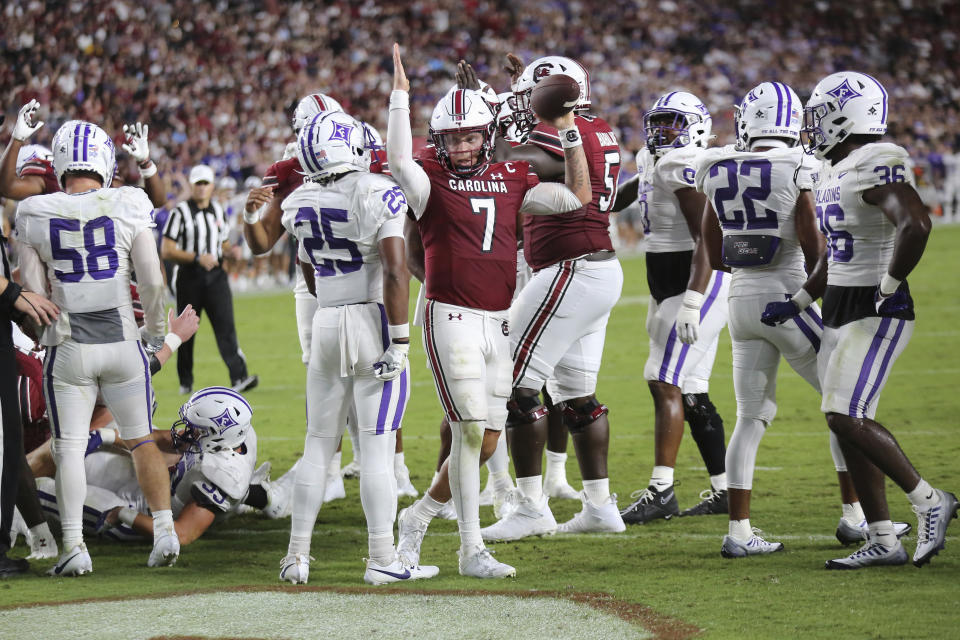 South Carolina quarterback Spencer Rattler (7) looks for a touchdown signal from the officials during the first half of an NCAA college football game against Furman on Saturday, Sept. 9, 2023, in Columbia, S.C. (AP Photo/Artie Walker Jr.)