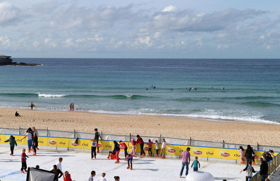 SYDNEY, AUSTRALIA - JULY 10: A general view of the Bondi Beach Ice Rink on July 10, 2012 in Sydney, Australia. One of the most popular attractions of the annual winter festival, the beach ice rink opened to the public last week complete with ice skate rentals, gourmet food and apres-ski drink options. (Photo by Ryan Pierse/Getty Images)