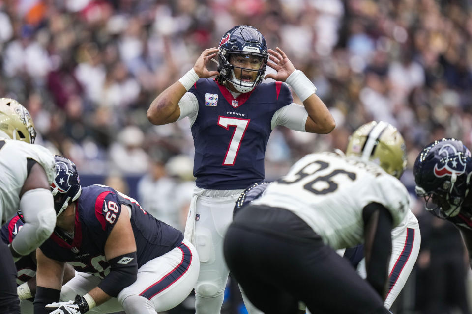 Houston Texans quarterback C.J. Stroud (7) calls out a play from the line of scrimmage in the first half of an NFL football game against the New Orleans Saints in Houston, Sunday, Oct. 15, 2023. (AP Photo/Eric Christian Smith)