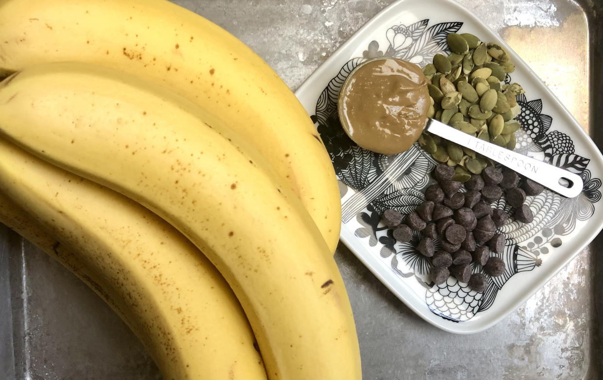 I used sunflower butter and pumpkin seeds for my fried banana split, but you can use any nut or seed butter you like best. (Heather Martin)