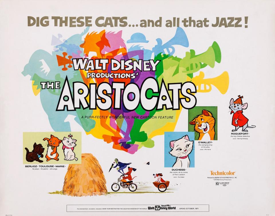 The Aristocats, poster, US poster art, from left: Berlioz, Toulouse, Marie, Duchess, O'Malley, Roquefort, 1970. (Photo by LMPC via Getty Images)