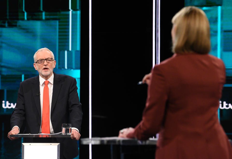 SALFORD, ENGLAND - NOVEMBER 19: (AVAILABLE FOR EDITORIAL USE UNTIL DECEMBER 19, 2019) In this handout image supplied by ITV,  Leader of the Labour Party Jeremy Corbyn speaks during the ITV Leaders Debate at Media Centre on November 19, 2019 in Salford, England. This evening ITV hosted the first televised head-to-head Leader’s debate of this election campaign. Leader of the Labour party, Jeremy Corbyn faced Conservative party leader, Boris Johnson after the SNP and Liberal Democrats lost a court battle to be included. (Photo by Jonathan Hordle//ITV via Getty Images)