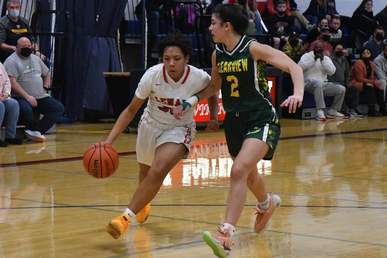 Lenape freshman Alexa Henry turns the corner against Clearview sophomore Ana Pellecchia