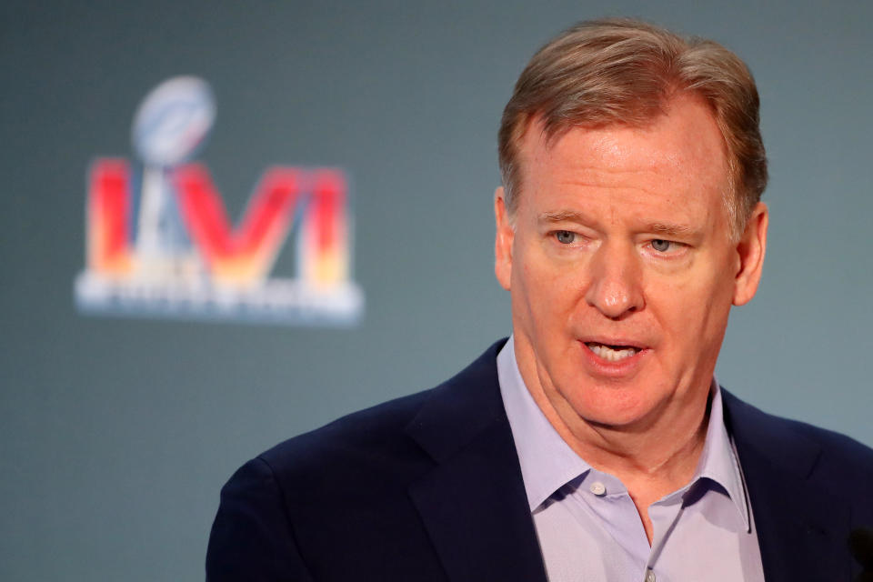 LOS ANGELES, CALIFORNIA - FEBRUARY 14: NFL Commissioner Roger Goodell speaks to media during the Super Bowl LVI head coach and MVP press conference at Los Angeles Convention Center on February 14, 2022 in Los Angeles, California. (Photo by Katelyn Mulcahy/Getty Images)