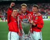 Soccer Football - Manchester United v Bayern Munich - Champions League Final - Nou Camp, Barcelona, Spain - May 26, 1999 (L - R) Ole Gunnar Solskjaer, Ronny Johnsen and Teddy Sheringham celebrate with the European Cup Action Images via Reuters