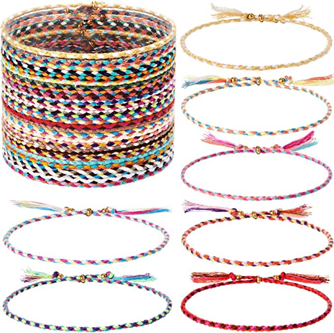 28 thin braided friendship bracelets in different colors with gold beads on ends