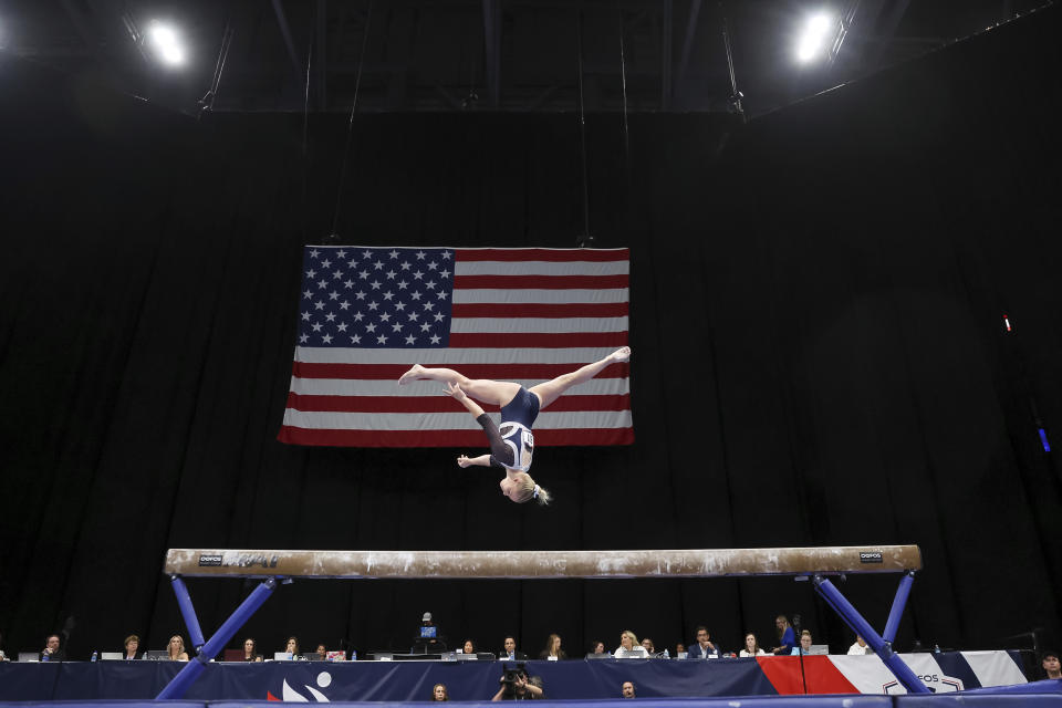 Jade Carey competes on the beam during the U.S. Gymnastics Championships, Sunday, Aug. 21, 2022, in Tampa, Fla. (AP Photo/Mike Carlson)