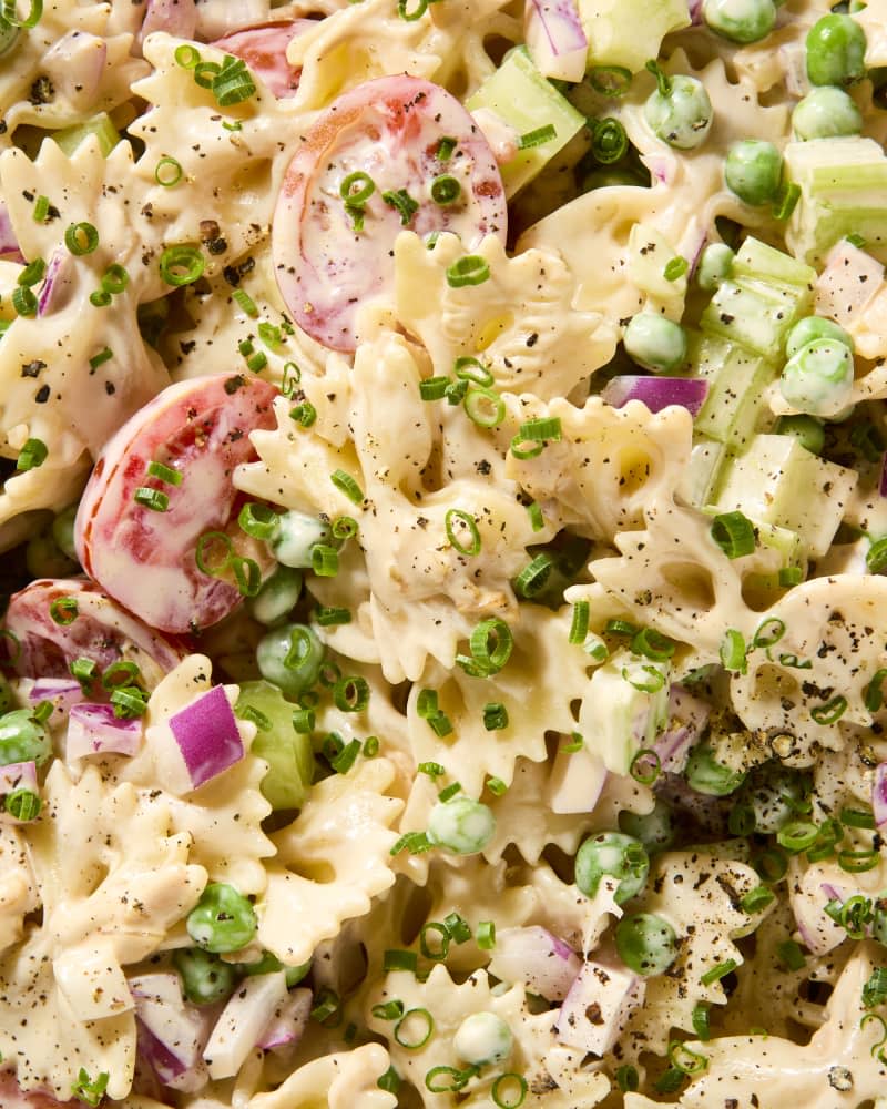 close up shot of french onion pasta salad.