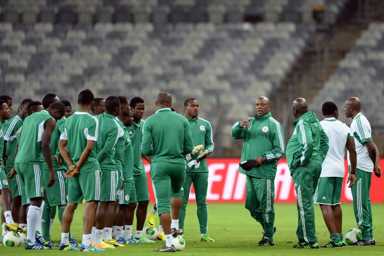 The Nigerian squad during a training session in Belo Horizonte, Brazil on June 16, 2013. Captain Vincent Enyeama said that the row over bonuses that delayed the squad's arrival at the Confederations Cup had not been resolved, but the players were putting it to the back of their minds