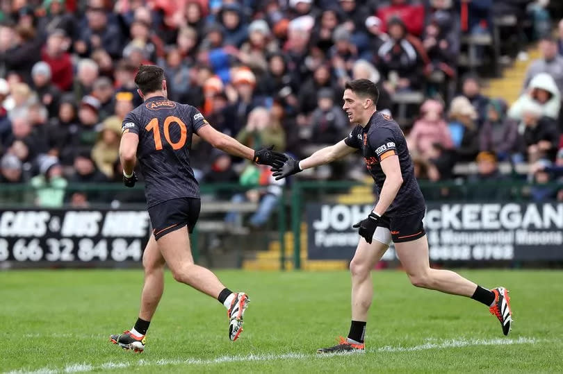 Armagh's Stefan Campbell celebrates with Rory Grugan after scoring a goal against Fermanagh in the Ulster SFC quarter-final